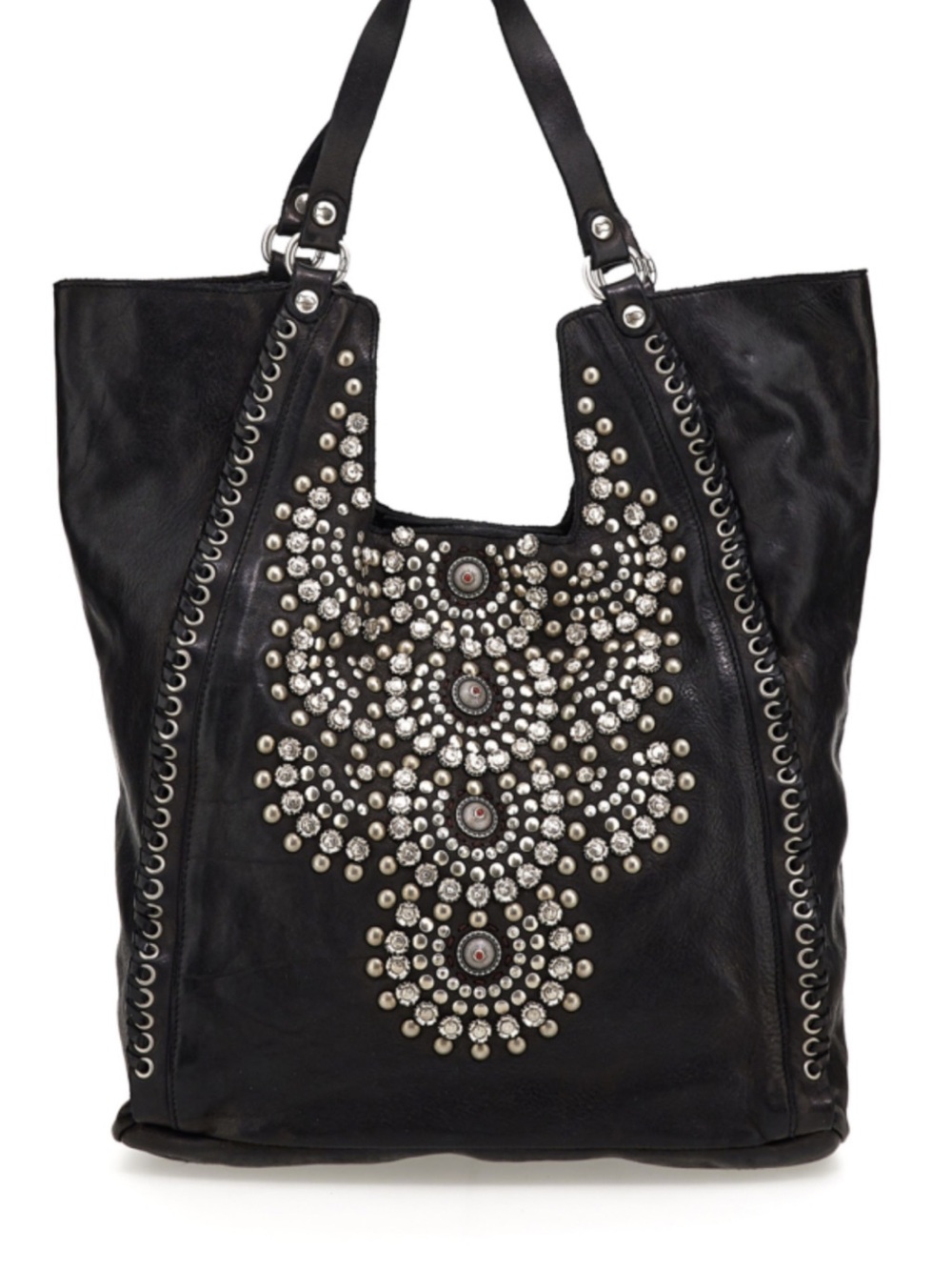 NWT Campomaggi “Camelia” Shopper Tote black leather with silver and red studs